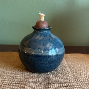 Studio Pottery Signed Oil Lamp Blue Speckled Glaze